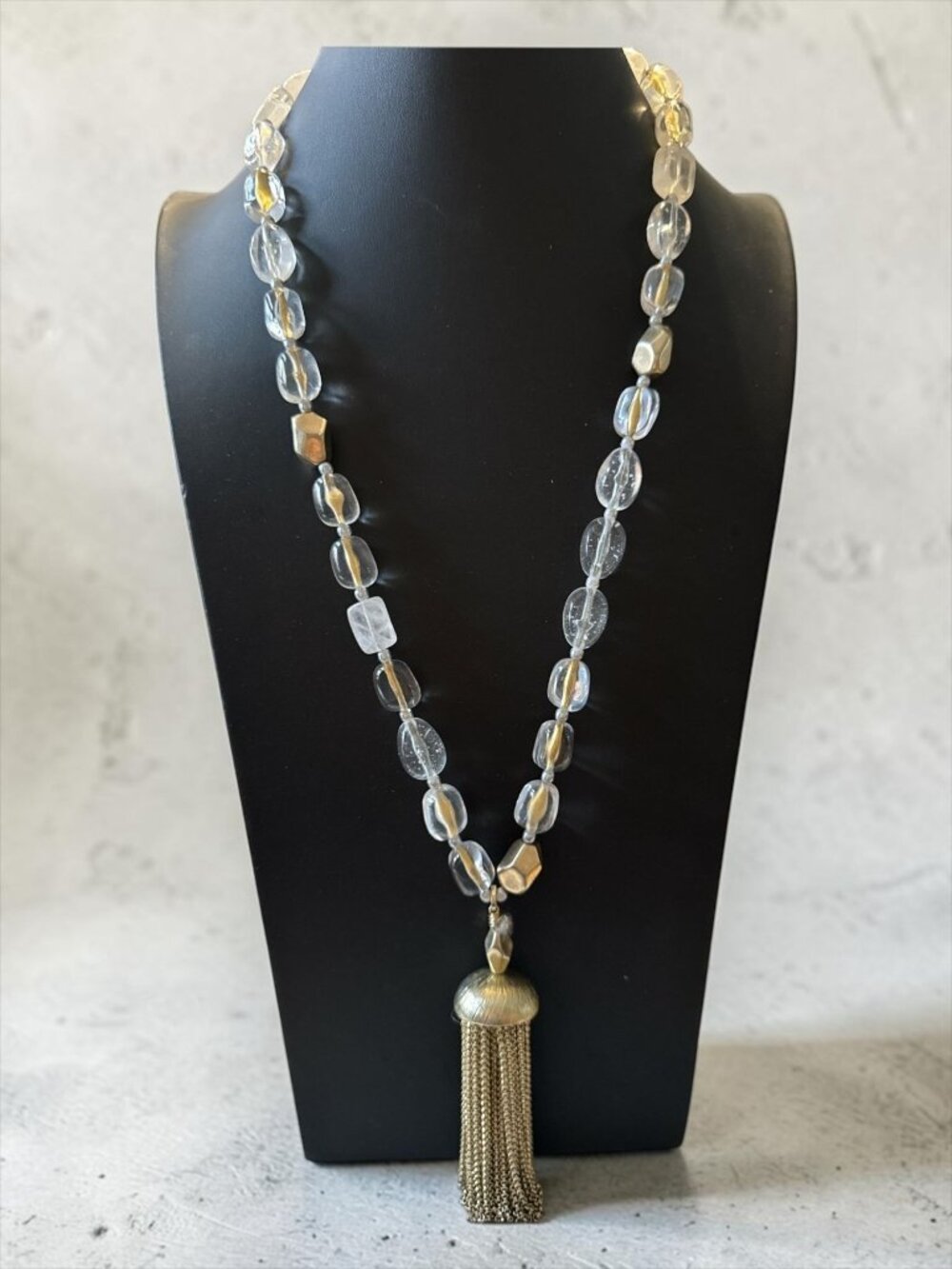 Lydell Crystal Tassel Necklace 26" Gold & Clear Beaded Chain Statement Jewelry